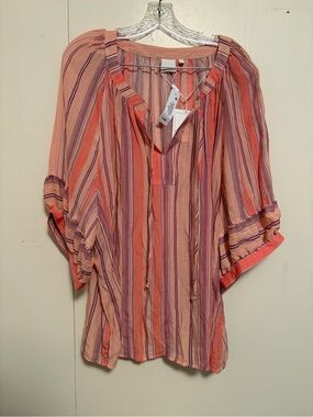 Sharagano Striped Tunic Blouse - Coral & Purple